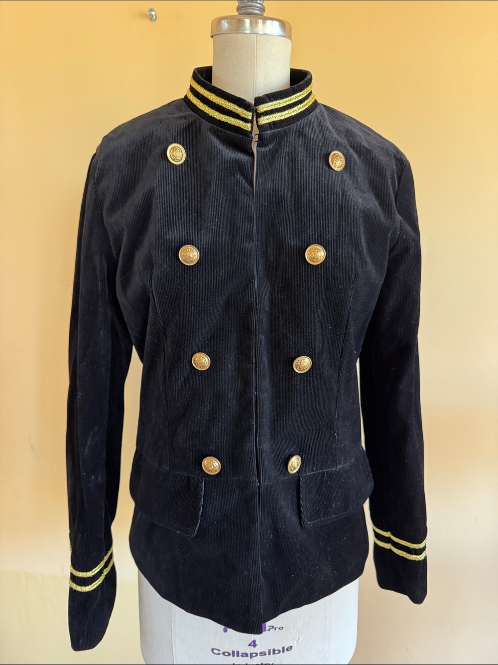Black Military-Style Velvet Blazer with Gold Trim